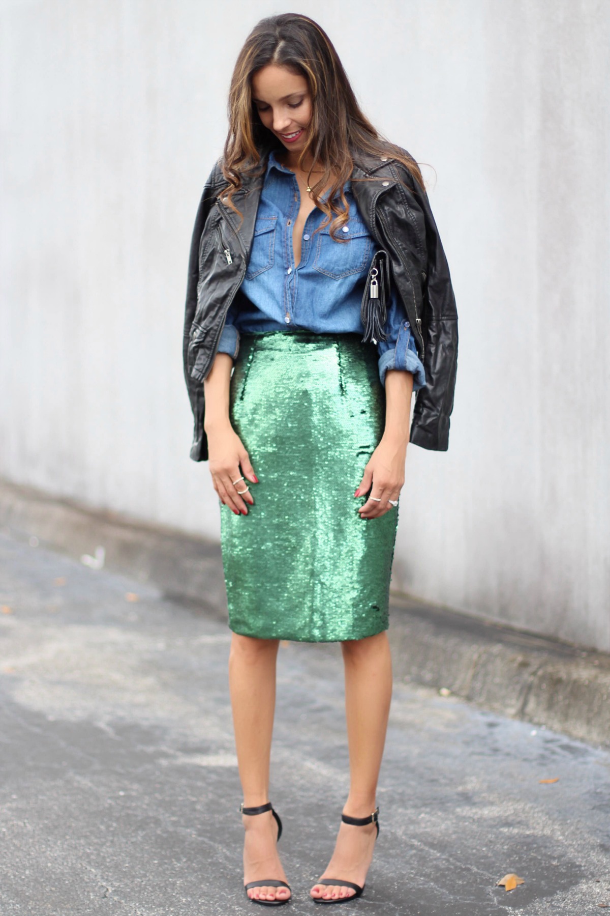 Emerald sequin skirt outfit