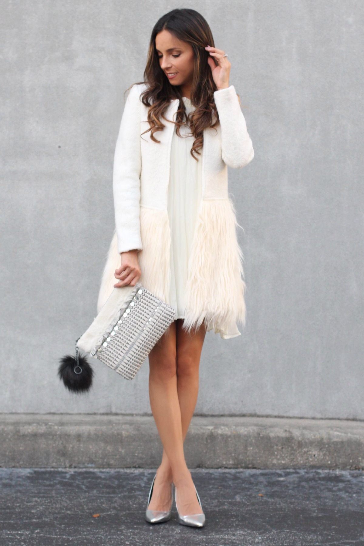 White Aylin fur bottom coat with babydoll dress