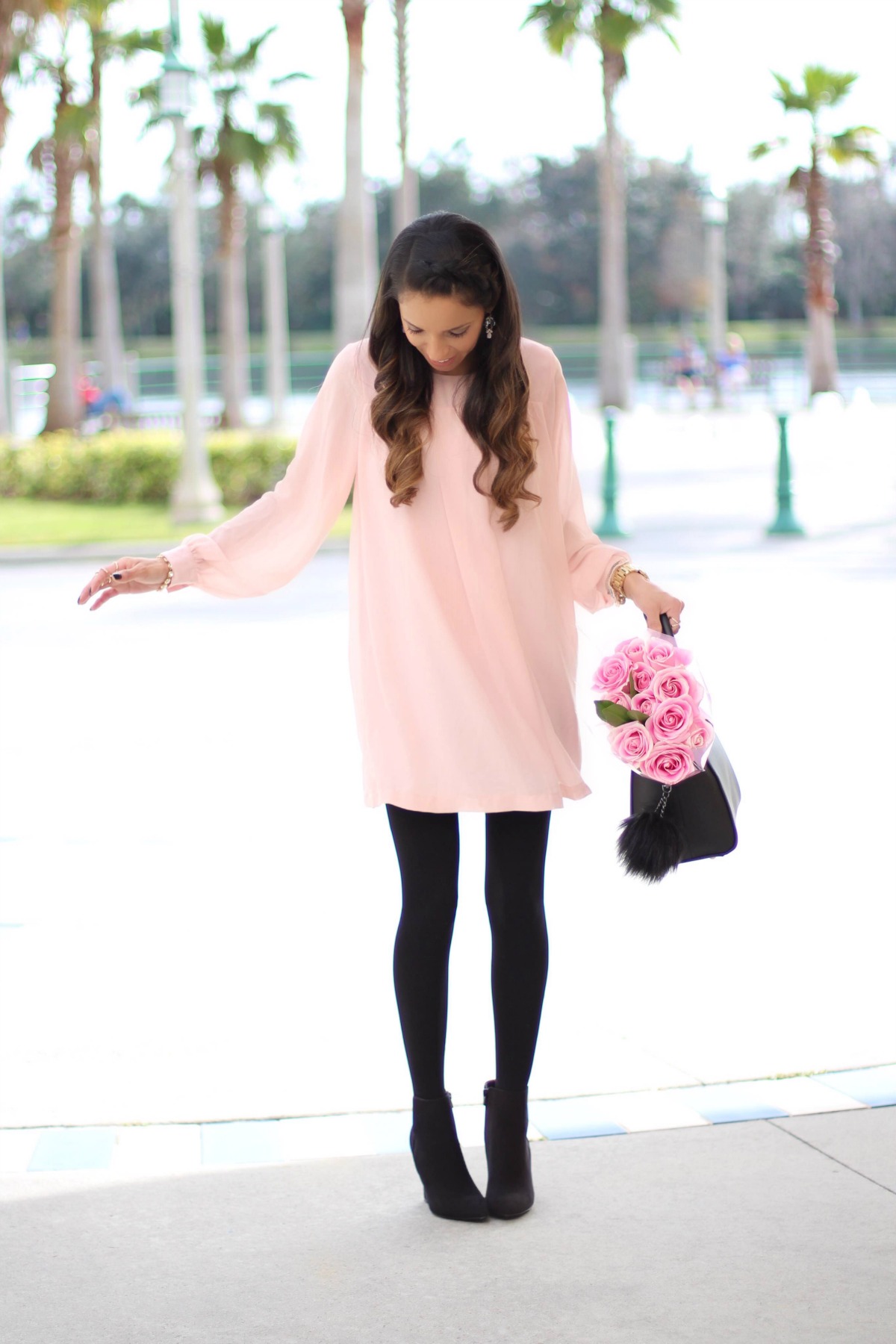 Blush tunic, black tights and booties