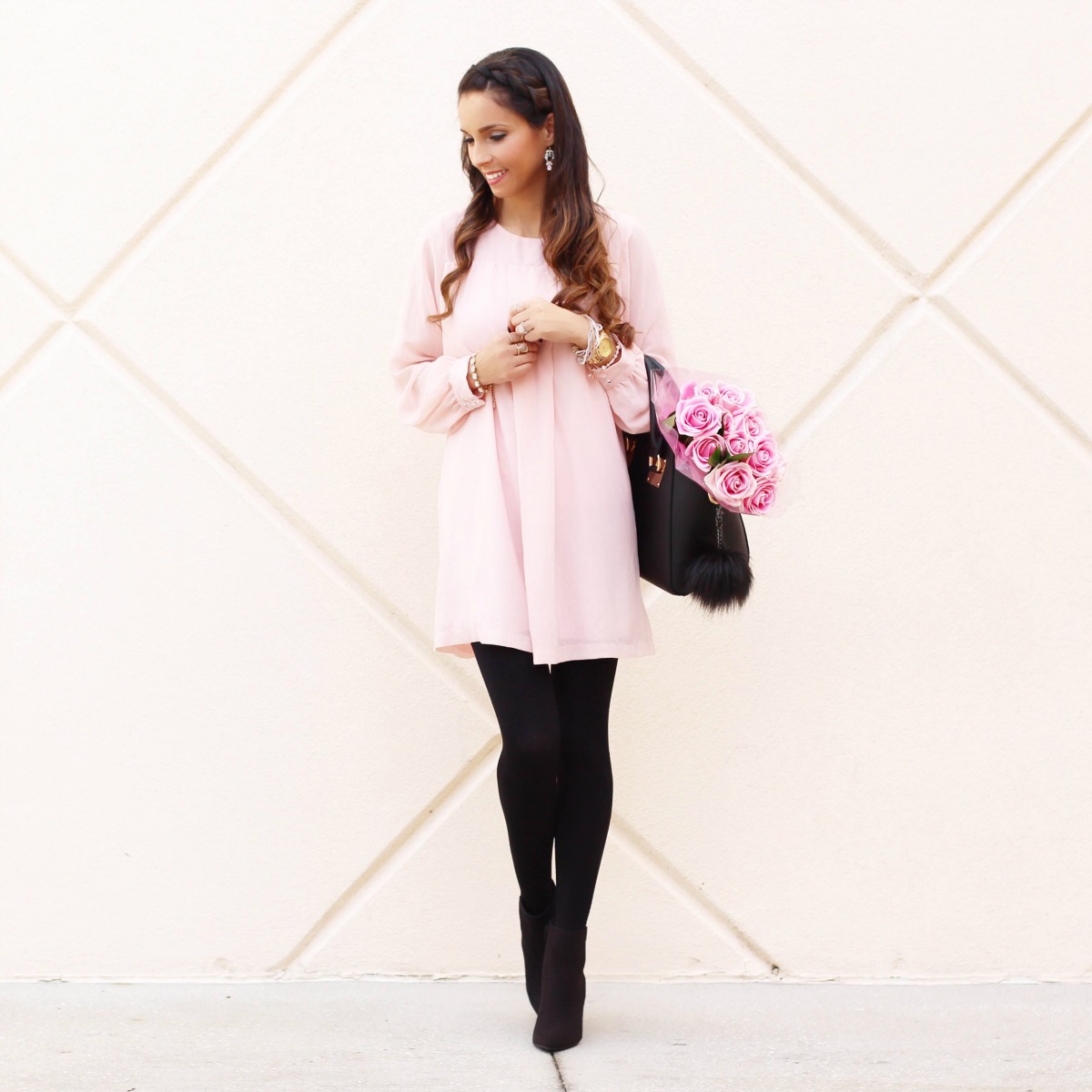 Blush tunic, black tights and booties