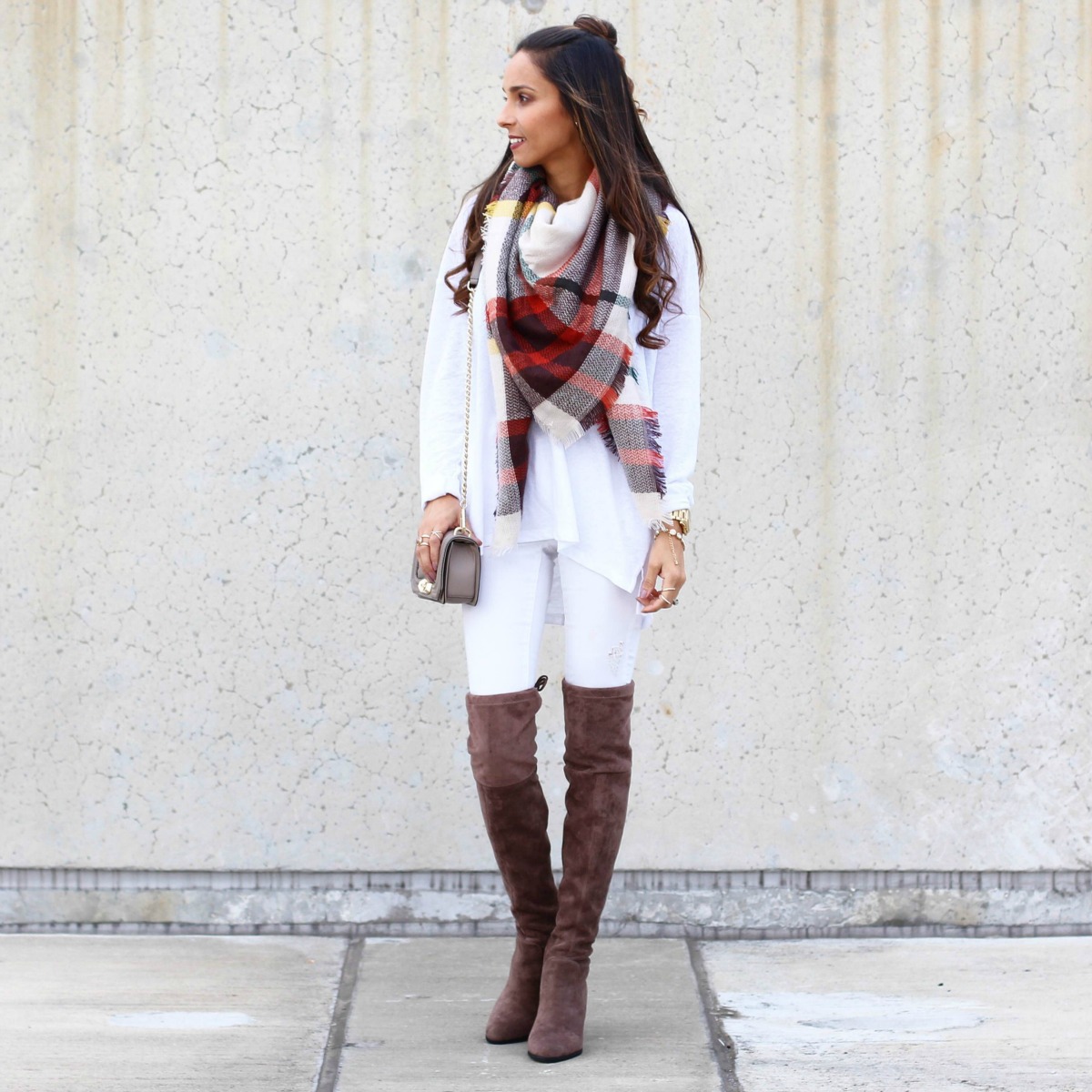 Plaid Scarf and Thigh High Boots