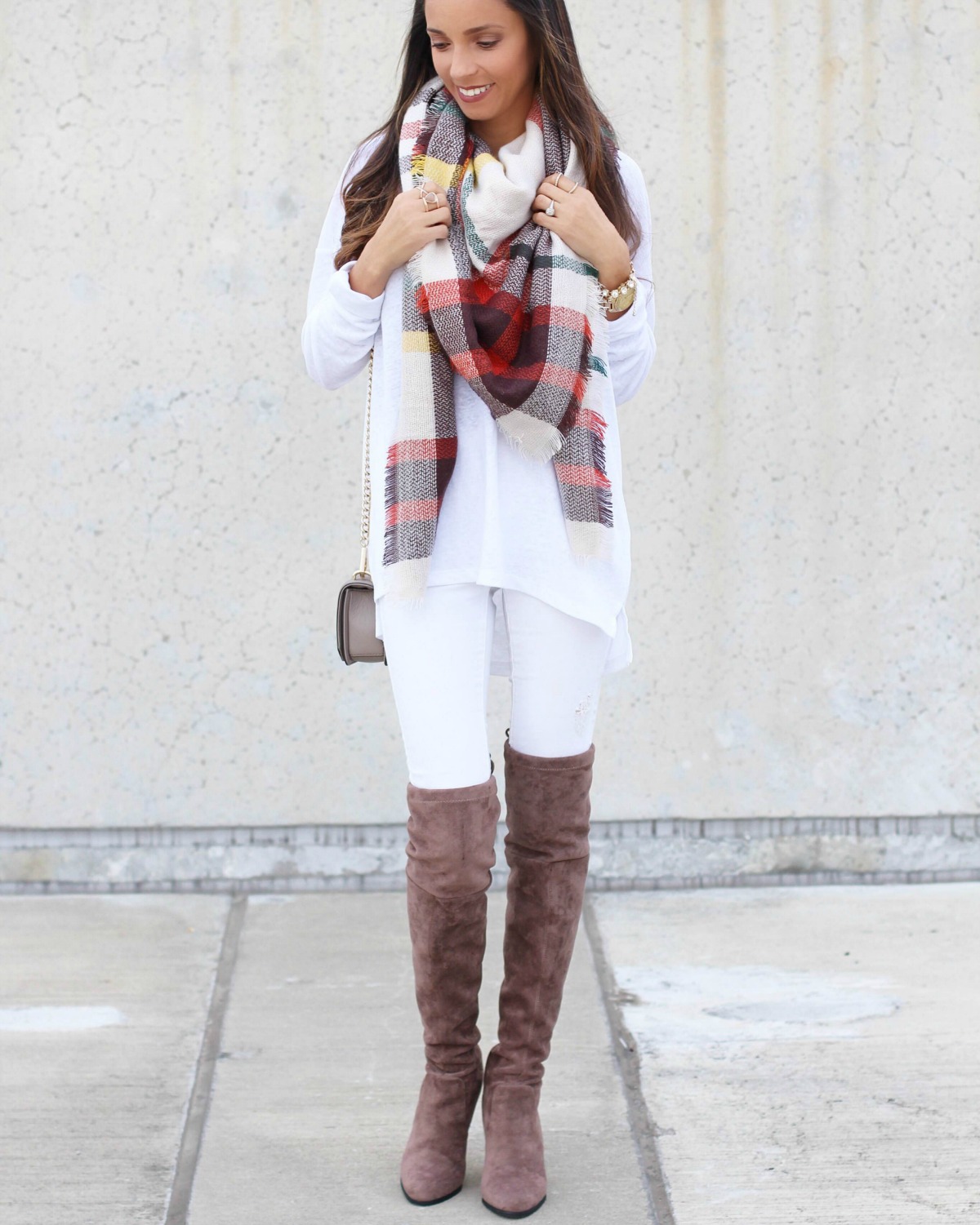 Plaid Scarf and Thigh High Boots
