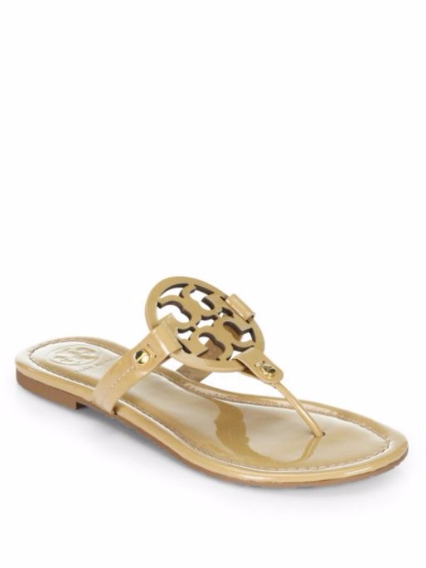 Tory Burch Miller Patent Leather Logo Thong Sandals - Sand