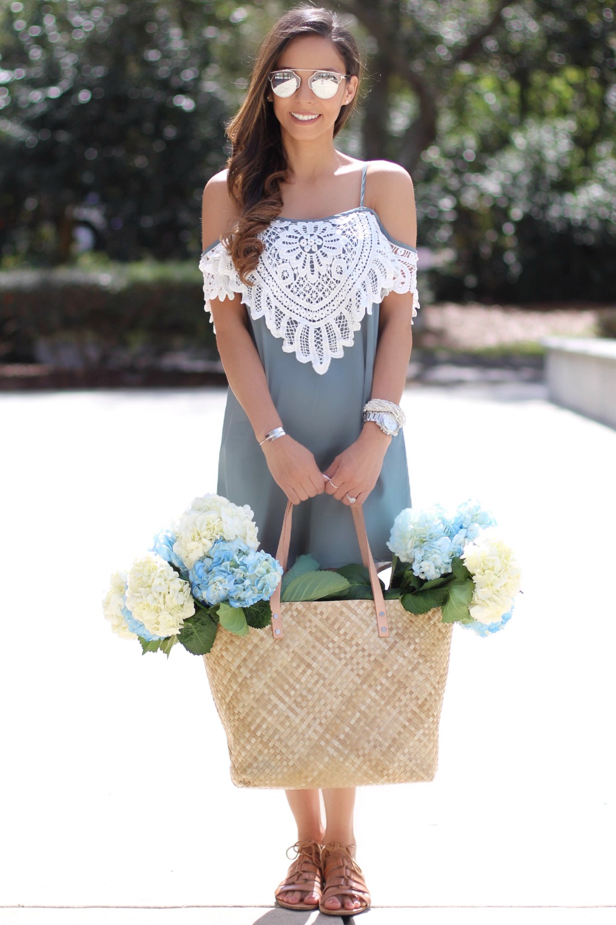 Off the shoulder tunic with lace detail and leather flats