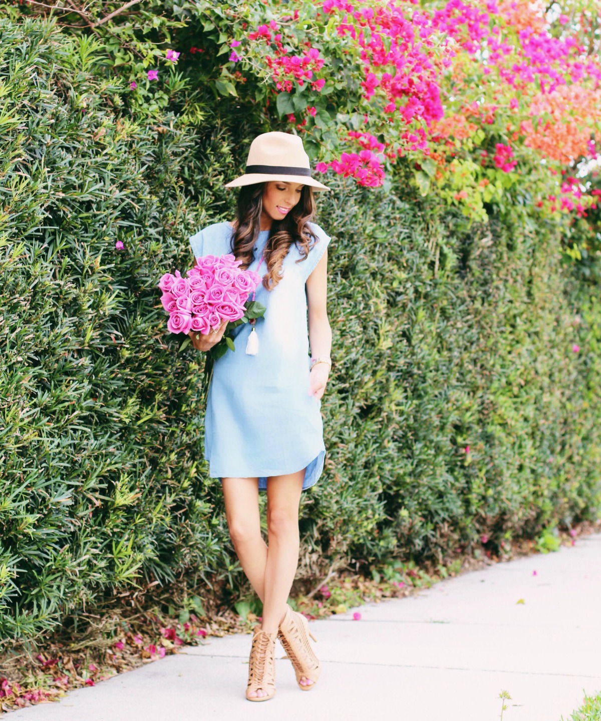 Chambray tunic dress with pockets, lace up heels and tassle necklace