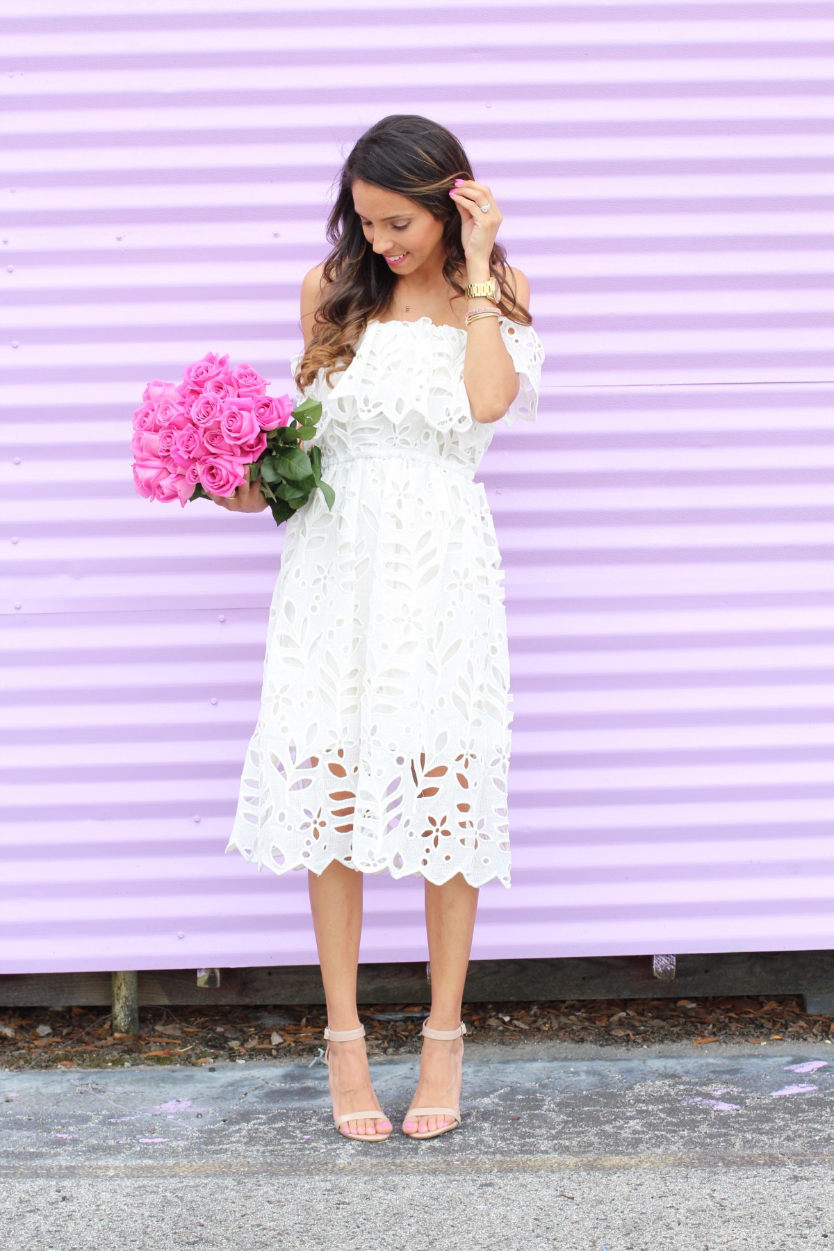 White lace off the shoulder midi dress