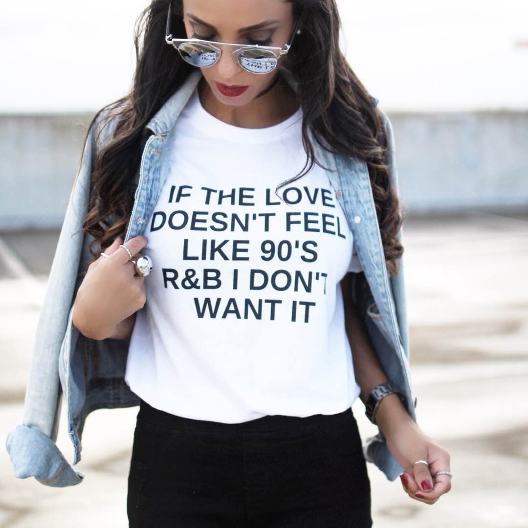 90's R&B graphic tee with choker and bow heels