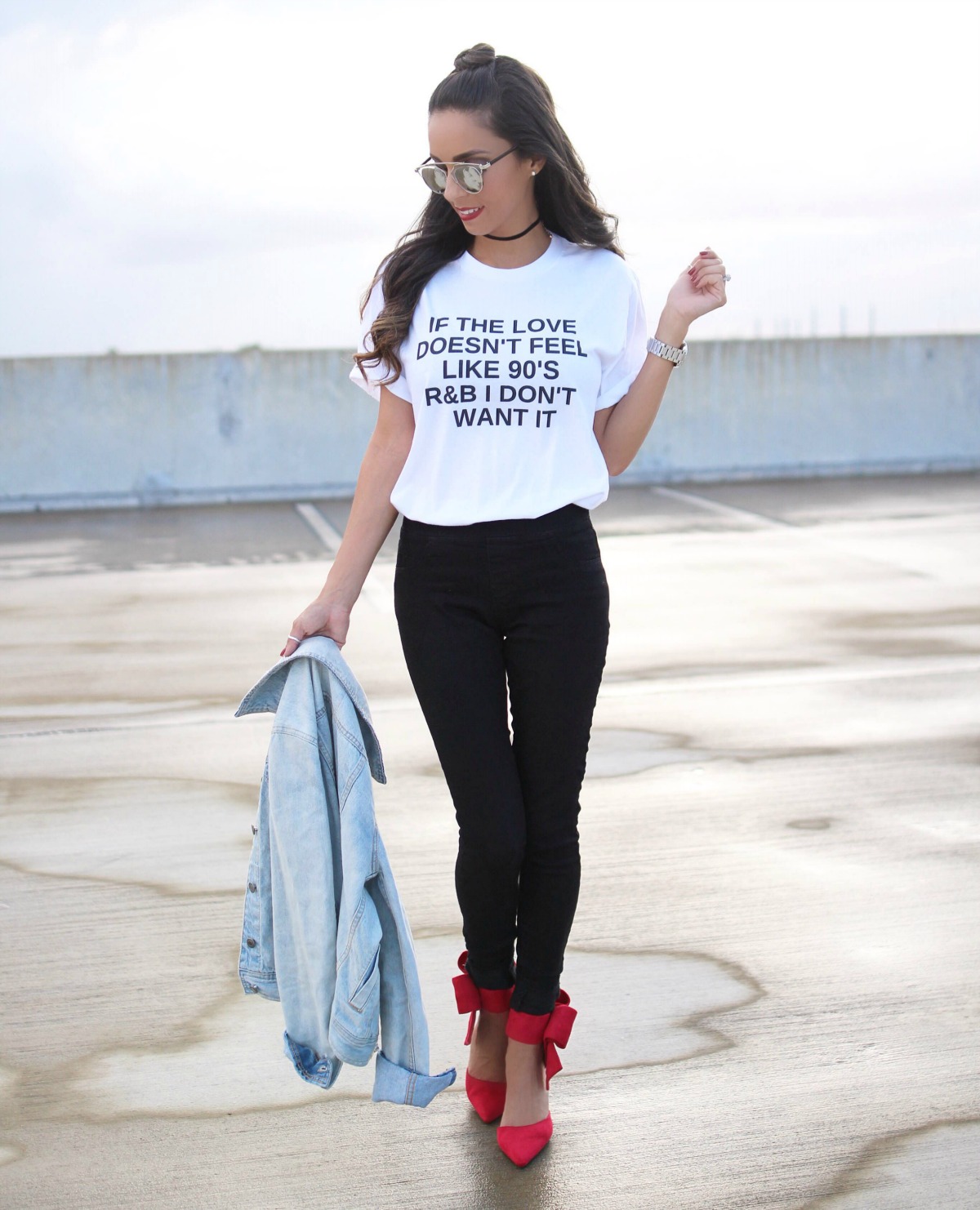 90's R&B graphic tee with choker and bow heels